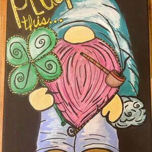 Whimsical Gnome Art with Pink Heart and Green Clover